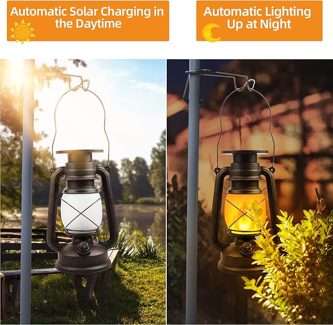 Solar Lantern Outdoor Waterproof,LED Vintage Flickering Flame Solar Lights,Camping Lamps,Solar Powered Hanging Rustic Heavy Duty Lantern Landscape Decor for Patio Garden Yard Deck Pathway,2Pack