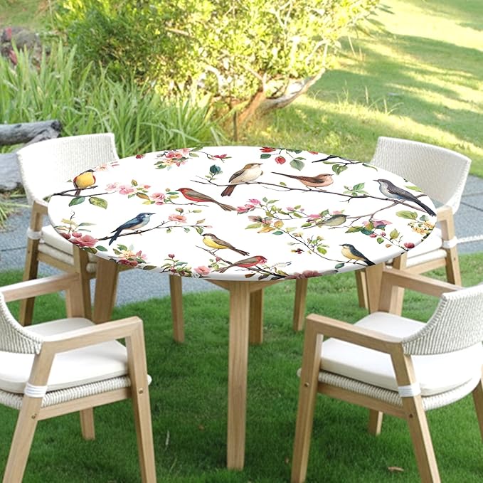 Spring Summer Round Fitted Tablecloth with Elastic Edge Bird Floral Easter Circle Table Cloth for 48-52" Round Tables Wipeable Waterproof Hummingbird Flower Table Cover for Outdoor Picnic Dining Decor