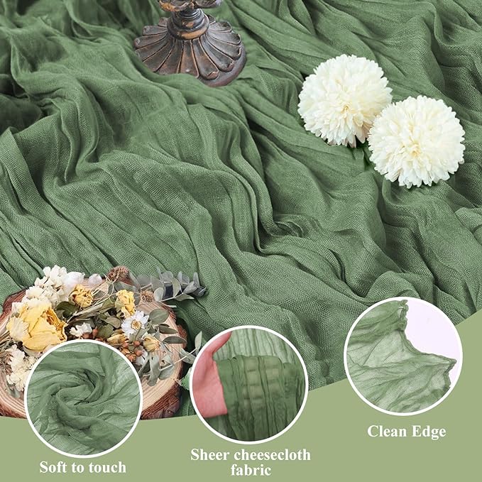 Asee'm 2pcs Cheesecloth Table Runner 120 Inches Sage Green Boho Gauze Cheese Cloth Runner 10FT Rustic Sheer Table Runners for Spring Easter Wedding Baby Shower Holiday Party Decoration