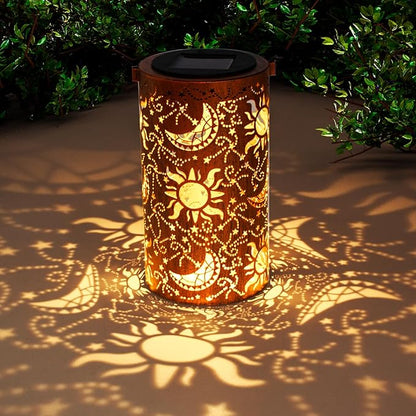 DIBIEECN Birthday Gifts for Women Mom Grandma Wife, Solar Lanterns Outdoor Waterproof, Metal Hanging Lights Garden Decor, LED Decorative Lantern for Patio Porch Backyard, Sun and Moon, 1 Pack