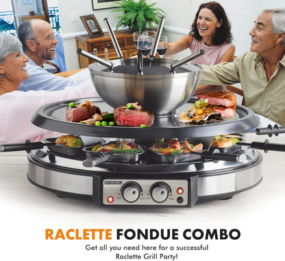 Electric Fondue Pot Sets with Barbecue Grill, 600ml Fondue Pot with 8 Forks and Electric Raclette, Dual Adjustable Thermostats, Perfect Fondue Grill Combo for Family Fun