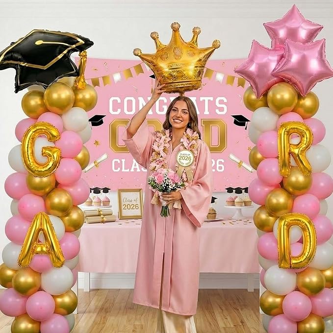 Pink White Gold Graduation Decorations 2026 - 130Pcs Graduation Balloon Garland Arch Kit with GRAD Foil Balloons, Crown, Star and Cap Balloons for Class of 2026 Girls Senior Prom Party Supplies