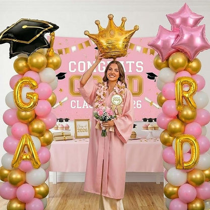 Pink White Gold Graduation Decorations 2026 - 130Pcs Graduation Balloon Garland Arch Kit with GRAD Foil Balloons, Crown, Star and Cap Balloons for Class of 2026 Girls Senior Prom Party Supplies