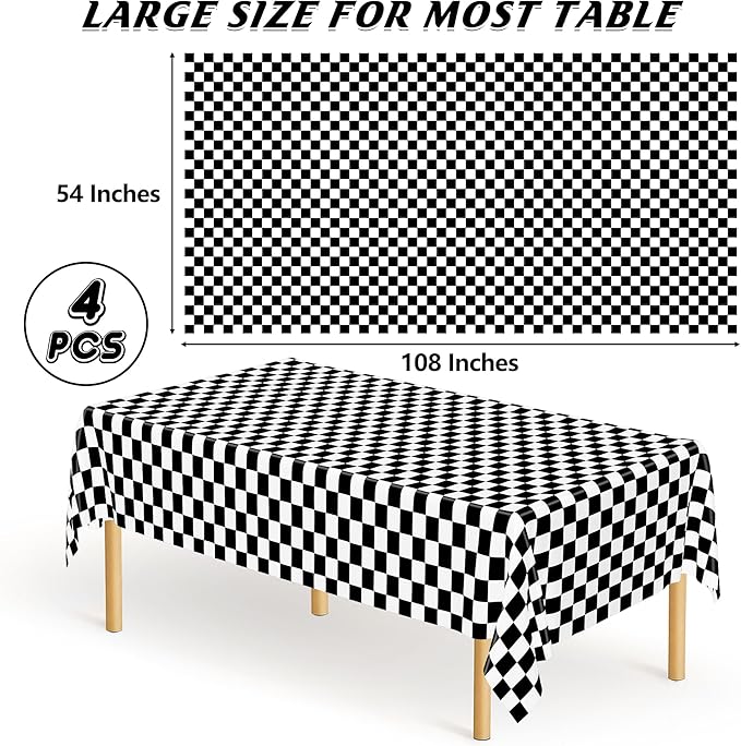 QZYL 4Pack Plastic Table Cloth Disposable, 54" x 108" Waterproof Tablecloths Rectangular, Black and White Checkered Table Cover for Picnic Birthday Party Supplies Outdoor Gathering BBQ Holiday Dinner