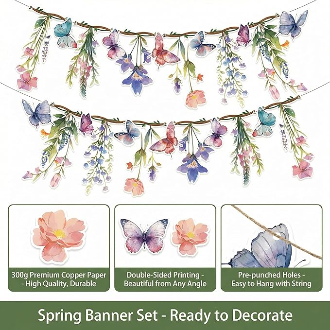 48Pcs Flower Fairy Banner Decorations Floral Designs Wildflower Garland – with 5m Jute Rope, for Baby Shower, Wedding, Easter Backdrop, Enchanted Garden Party Supplies (Butterfly)