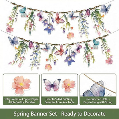 48Pcs Flower Fairy Banner Decorations Floral Designs Wildflower Garland – with 5m Jute Rope, for Baby Shower, Wedding, Easter Backdrop, Enchanted Garden Party Supplies (Butterfly)