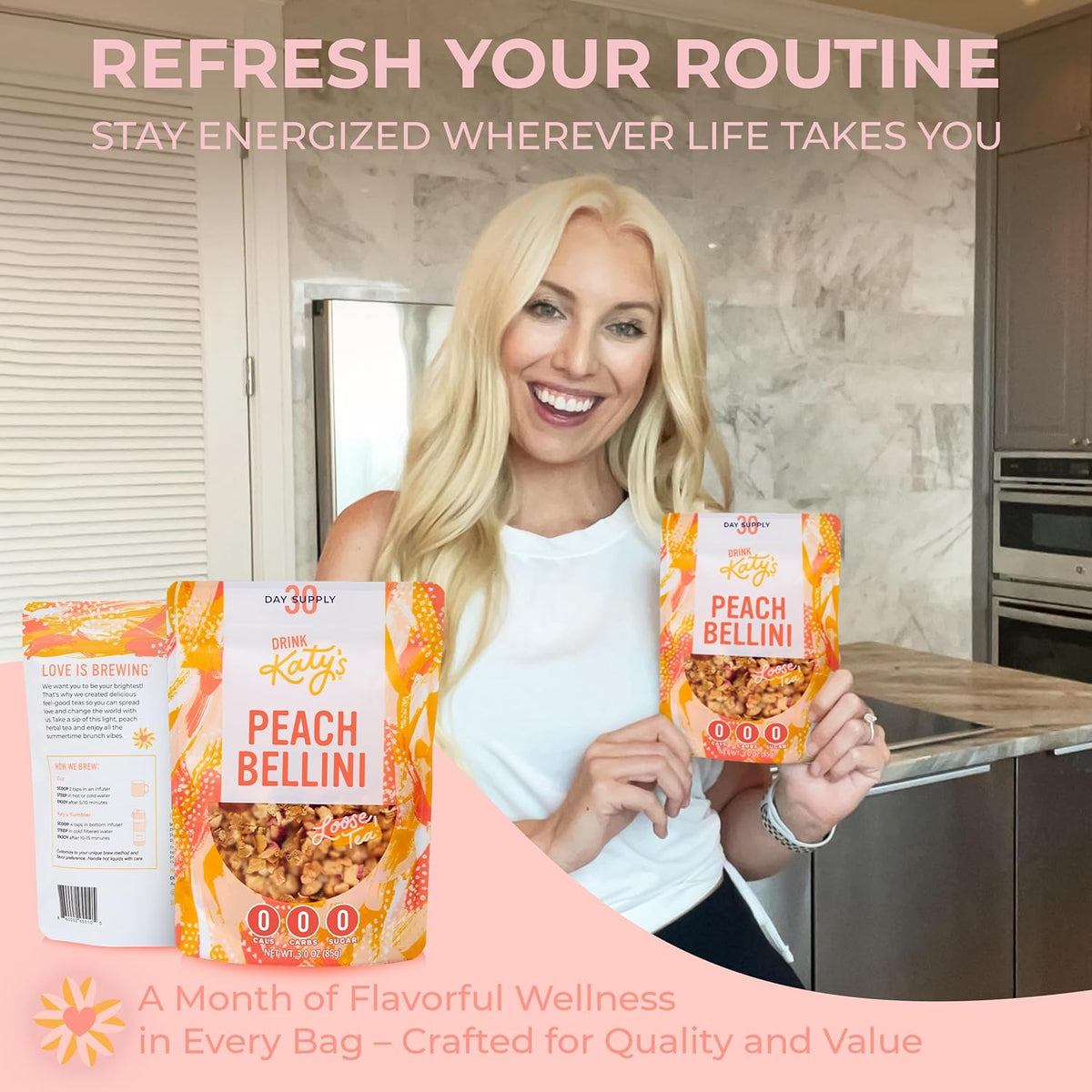 Katy’s Peach Bellini Loose Leaf Tea, Fruity & Refreshing Light White Herbal Tea, Apple, Peach & Mango, Caffeine-Free Tea, 30+ Cups, Hot or Iced