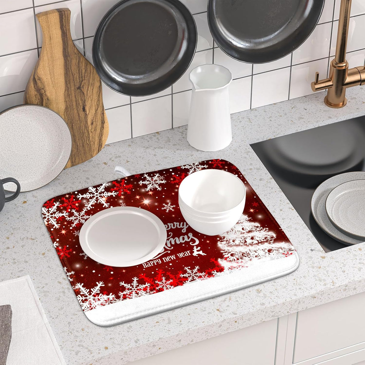 Happy New Year Red Dish Drying Mat for Kitchen Counter,Merry Christmas Tree Snowflake Drying Mat 16 x 18 Inch with High Absorbent Reversible