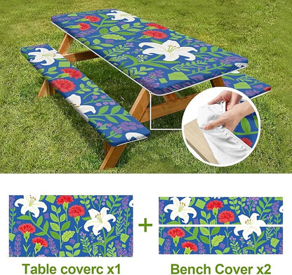 Blue Floral Picnic Table Cover with Bench Covers Set of 3-White Lilies and Red Flowers,Elastic Fitted Tablecloth for 6 Ft Tables, Washable Polyester Cover for Camping, Indoor & Outdoor