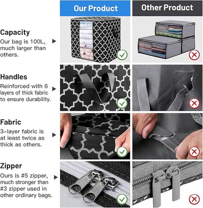 WISELIFE Storage Bags 6 Pack/100L Large Blanket Clothes Organization and Storage Containers for Comforters,Bedding, Foldable Organizer with Reinforced Handle, Clear Window, Sturdy Zippers,Black