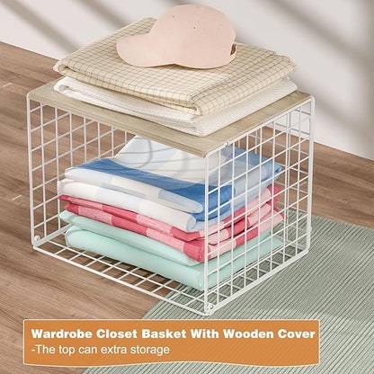 Extra-Long Closet Organizers and Storage with Top Board, 3 Pack Stackable Closet Shelf Organizer, Double Storage Design, Clothes Storage Cube/Bin/Basket for Wardrobe, Space-Saving, White,Sturdy,Metal