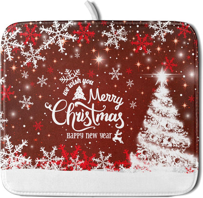 Happy New Year Red Dish Drying Mat for Kitchen Counter,Merry Christmas Tree Snowflake Drying Mat 16 x 18 Inch with High Absorbent Reversible