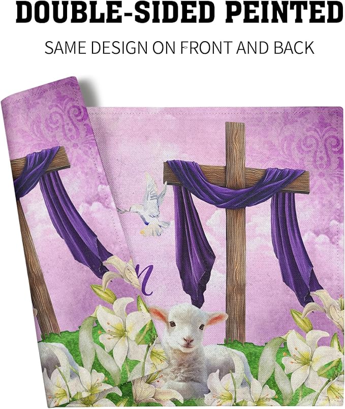 Giwawa He is Risen Placemats, Easter Cross Lamb Linen Washable Place Mat, Spring Lily Flowers Heat Resistant Table Mats for Kitchen Dining Holiday Party Decor, Set of 4, 12x18 Inch