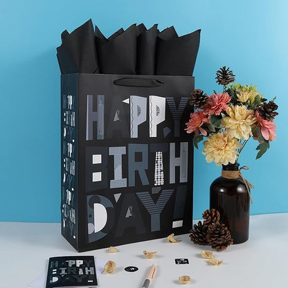 wishinside 16.5” Extra Large Black Happy Birthday Gift Bag Set with Handles, Greeting Card, Tissue Papers and Stickers for Men Boys Kids Teens, Cartoon Design, 1 Pcs