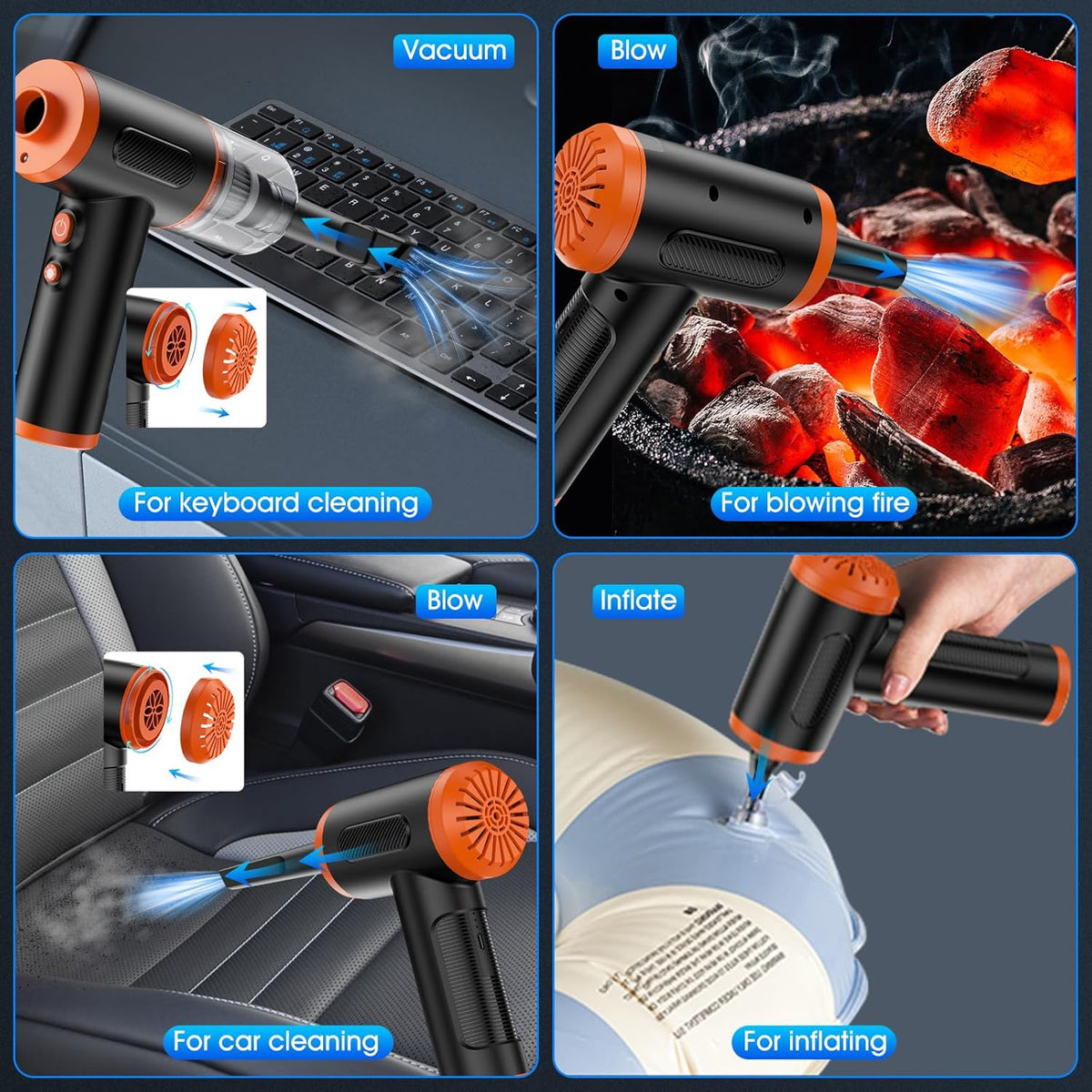 Compressed Air Duster, 100000RPM Handheld Car Vacuum/Air Blower& Pump, 3 Gear Adjustable Electric Air Duster/Car Vacuum Cleaner, Keyboard Duster with LED Light-10 Kits Air Blower for Computer(Orange)