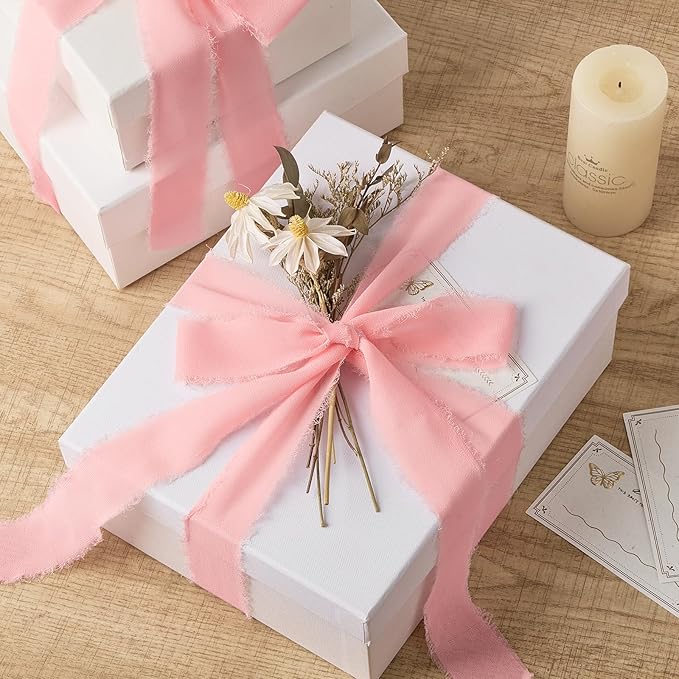 Pink Chiffon Ribbon 1.5" x 21 Yd Handmade Fringe Silk Chiffon Fabric Ribbon for Gift Wrapping Wedding Invitation Bridal Flower Bouquet DIY Crafts Home Decor