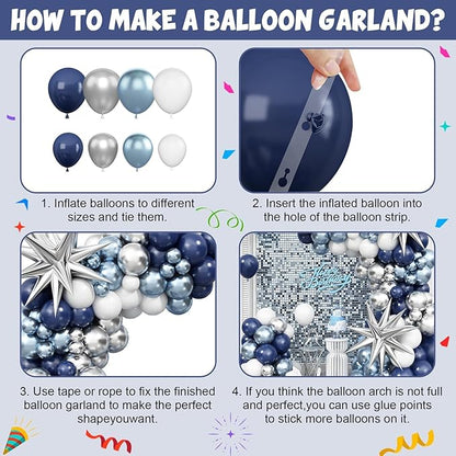 Blue Silver Balloon Arch Kit, Navy Blue Silver White Balloon Garland with Metallic Light blue silver Balloons Star Foil Balloons for Boys Men Birthday Wedding Graduation Baby Shower Party Decoration