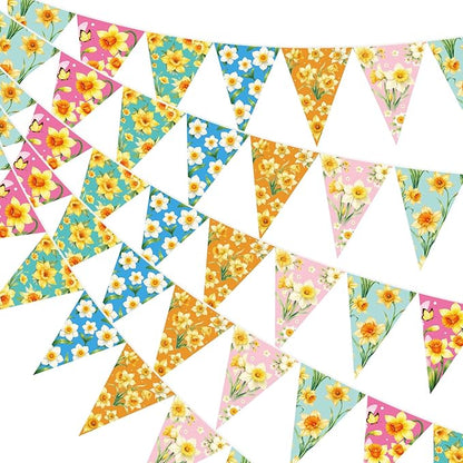 jijAcraft 4 Pack Spring Floral Bunting Banners - Pre-Strung Daffodil Flower Triangle Pennant Banner, Daffodil Spring Party Decorations for St David's Day March Birth Flower Spring Baby Shower Decor