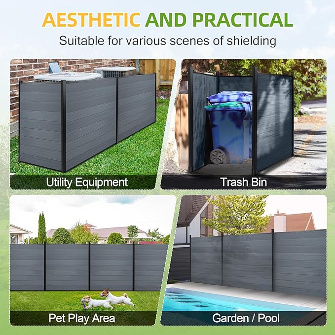 Mondaria Fence Privacy Screen with 8ft In-ground Posts, 6ft(H) x18ft(W) Wood Plastic Composite Fence Panels Weather-Resistant Outdoor Fence for Backyard/Garden (Gray, 4 Posts)