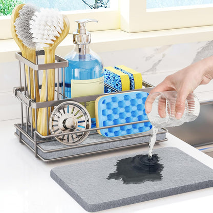 HapiRm Sink Caddy Sponge Holder - Kitchen Sink Organizer with Instant Drying Stone and Brush Holder, Stainless Steel Sponge Caddy for Kitchen Countertop - Brushed Nickel