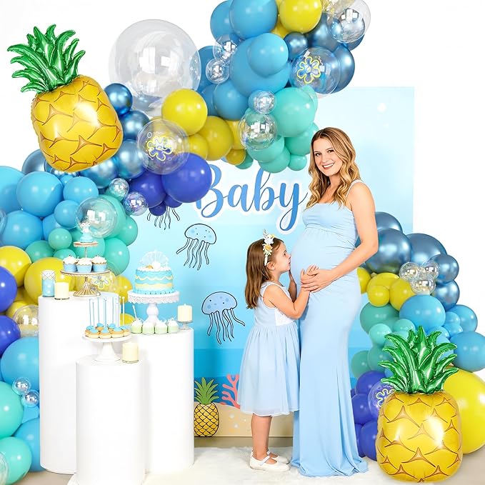 Amandir 165Pcs Cartoon Blue and Yellow Balloons Arch Garland Kit, Teal Metallic Blue Yellow Flower Printed Clear Pineapple Balloons for Cartoon Birthday Shower Ocean Sea Party Backdrop Decorations