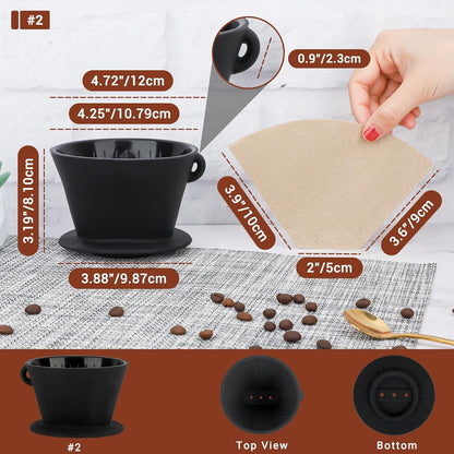 Segarty Pour Over Coffee Maker Set, Black Silicone Dripper Single Cup With 200 Count Cone Filters Paper Size 2