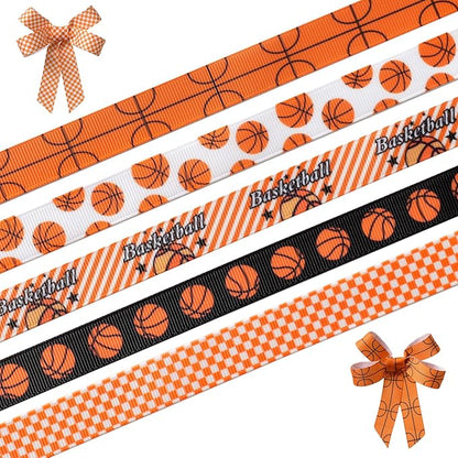 Basketball Ribbons 5 Rolls 20 Yards, 5/8" Cute Basketball Grosgrain Ribbons for Theme Party Decor Gift Wrapping Sewing Crafts Making Hair Tie Cheer Bows and Sport Team Decorations