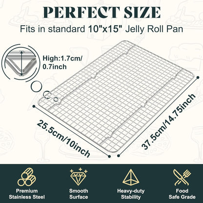 Cooling Racks for Cooking and Baking-10"x14.75" Oven Safe Premium Stainless Steel Heavy Duty Baking Rack Tight-Wire, Fits Jelly Roll Pan Rack for Roasting & Grilling & Cooking-Set of 2