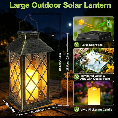 Yowin Solar Lanterns Outdoor Waterproof 14" Large Tempered Glass Solar Hanging Lantern for Outside with Flickering Candle, Mother's Gift Ideas, Wall Lamp for Garden Patio Vintage Decorations - Bronze