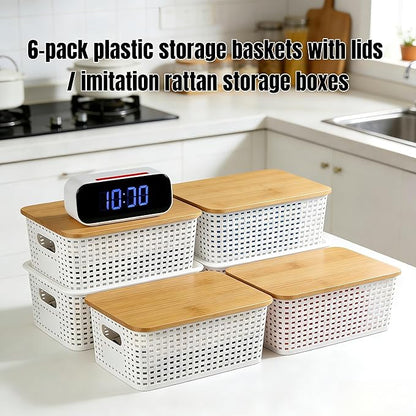 6-Pack Stackable Plastic Woven Storage Baskets with Lids, Hollow Out Weave Bins with Handles + 2 Kraft Labels (WhiteBasket-BambooLid)
