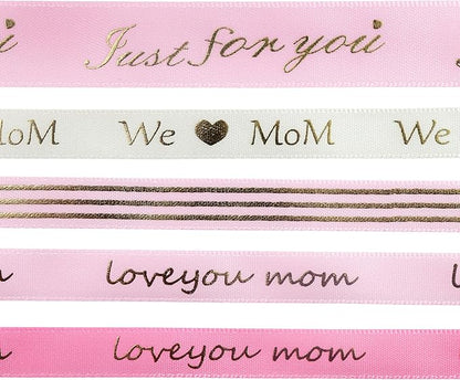 Mother’s Day Ribbon Set – 5 Rolls Satin Gift Flower Ribbons with Gold Foil Letters – 5 Yards Each, 10mm & 16mm – Love You Mom, Just for You, We Mom – Gift Wrap, Flower Wrap, Crafting, DIY (5)