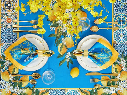 YiHomer Provence Blue Lemon Mediterranean Tile Tabletop for Spring Summer Decorations, Picnics and Dinner Parties - Indoor Outdoor, Stain and Water Resistant, Tablecloth, 52 x 52 Square