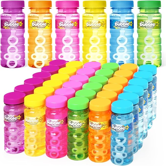 Shemira 36 Pcs Bubble Bottles with Wand, Bubble Party Favor Supply for Summer Indoor & Outdoor Activities, 4 OZ Bubble Solution Summer Toy in 6 Colors, Party Favor & Birthday Party Supplies