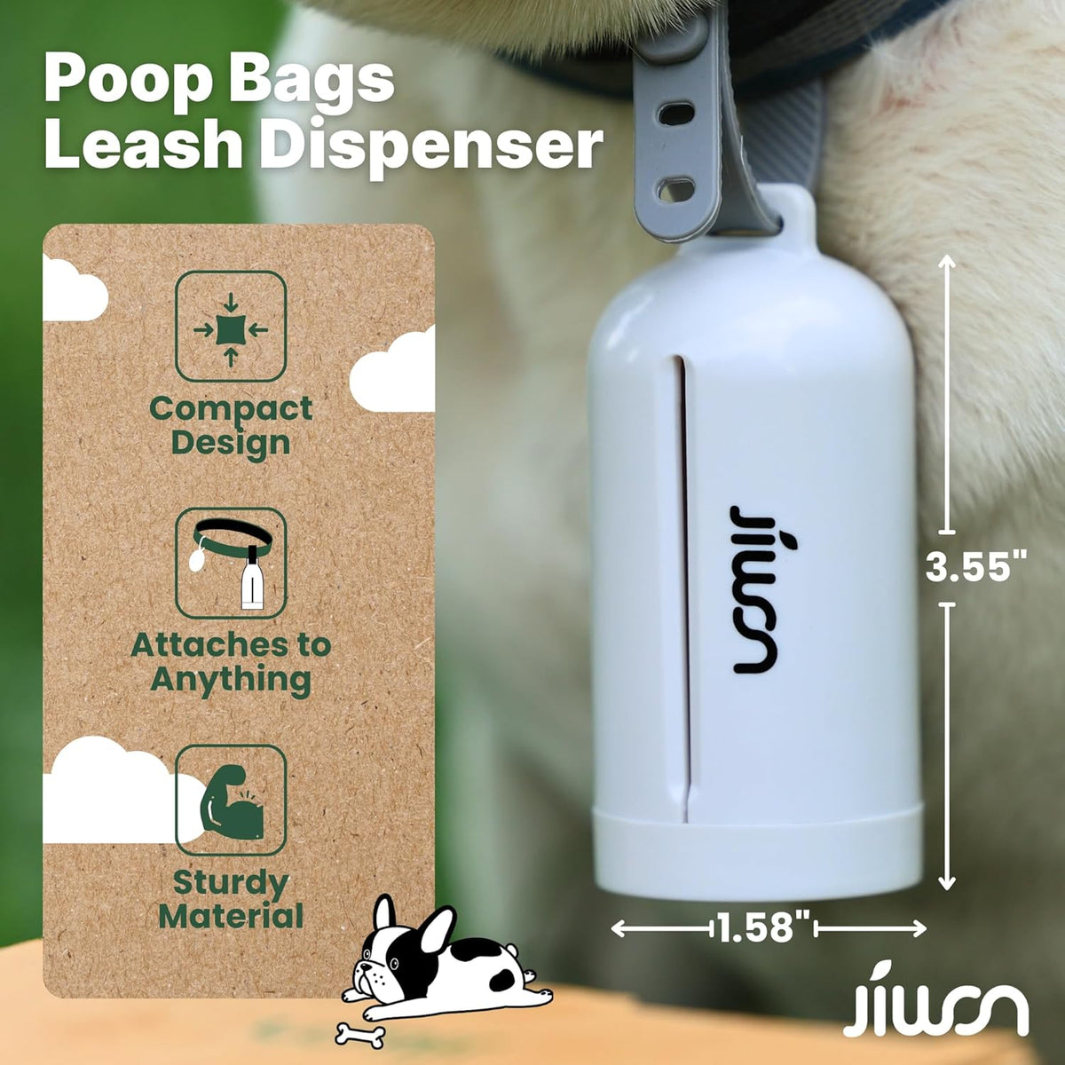JIWON Dog Poop Bag Dispenser with 100% Compostable Refill Roll, Thick & Leakproof, Plant-Based, Fits Any Leash, 1 Dispenser and 15 Bags (1 Roll), Unscented