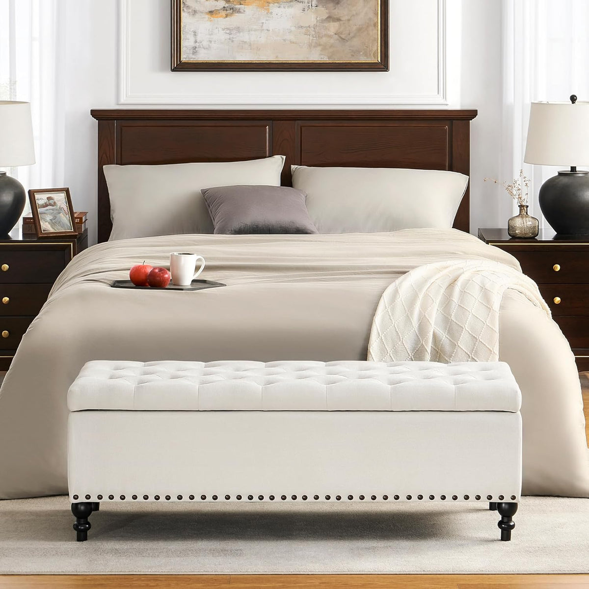 Storage Ottoman 50.2 Inches Upholstered Fabric Storage Ottoman Bench，Button Tufted Ottoman with Storage for Living Room，Bedroom End of Bed Bench Withstands 304lbs