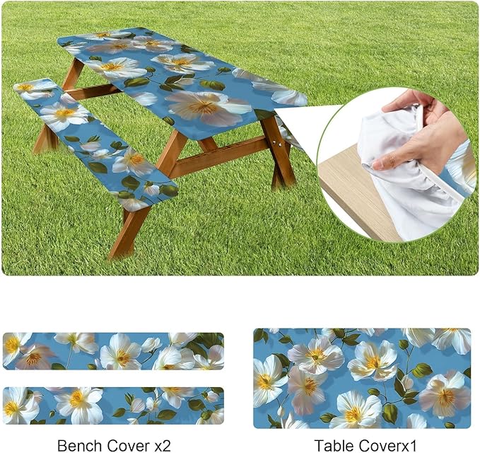 ANNA QUEEN 6FT White Flowers Spring Picnic Table Cover with Bench Covers Picnic Table Cover Set 3PCS 72"x30", Outdoor Bench and Tablecloth Furniture Protection
