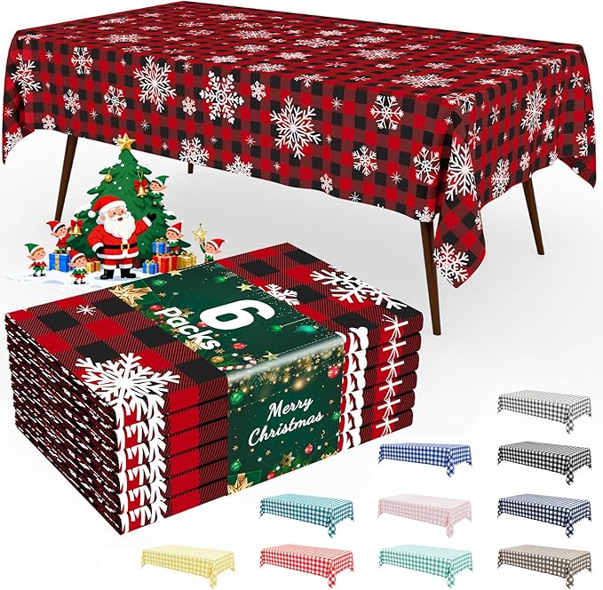 Smiry 6 Pack Gingham Disposable Table Cloth, 54 x 108 Inch Waterproof Plastic Tablecloth, Rectangle Red Checkered Snowflake Table Covers for Christmas, Birthday, Party, Banquet