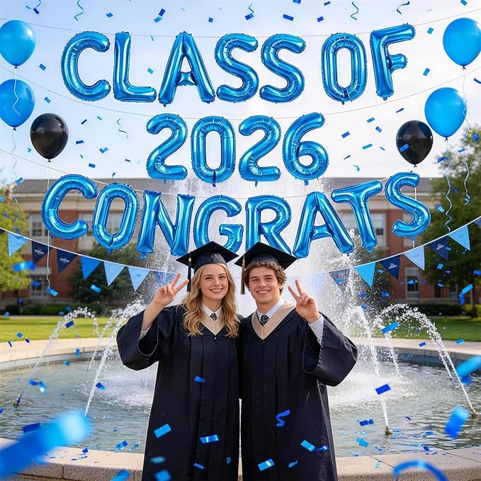 Blue Class of 2026 Congrats Balloons, 2026 Graduation Decorations 16inch Congrats Grad Foil Balloons Banner Sign for Class of 2026 College High School Graduation Prom Party Backdrop Supplies