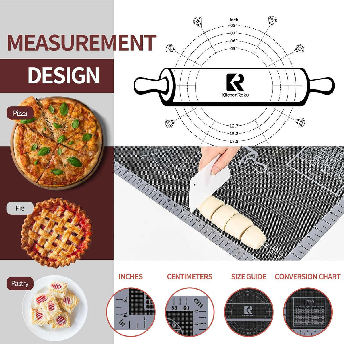Silicone Pastry Mat Extra Large with Measurements 26''x16'' for Reusable,Non-slip Silicone Baking Mat, Counter, Dough Rolling, Oven Liner
