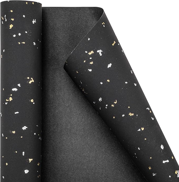 MAYPLUSS Wrapping Paper Roll - 17in x 16.5Ft - Luxury Thick Black Gold Foil Flakes Marvelous Satin Texture Matte Gift Wrap Paper for Birthdays, Anniversaries, Christmas, Father's Day