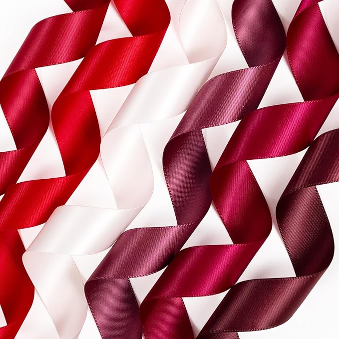 Red Satin Ribbon 1 Inch Assorted Burgundy, Dark Red, Maroon, Wine, Rose White, Double Faced Satin Ribbon for Flower Bouquet, Gift Wrapping, Wedding Invitation, Bows, Crafts, Gift Bags - 30Yards