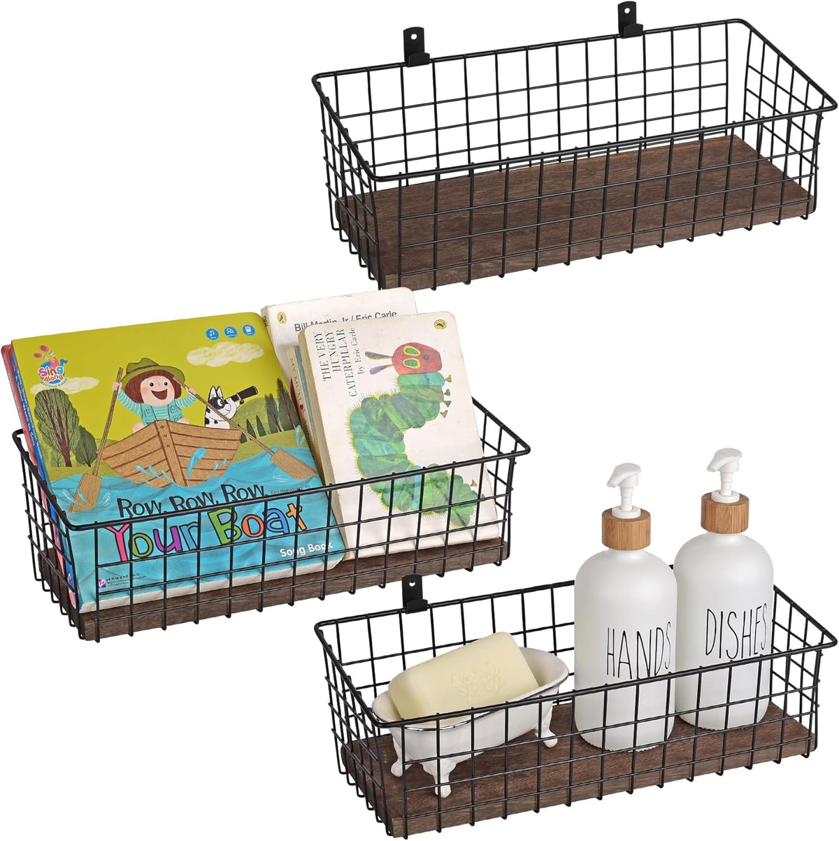 Wall Hanging Baskets 3 Pack, Extra Large Diversified Wire Basket Shelves of Wooden Style, with Wall Mounted Hooks & Traceless Stickers