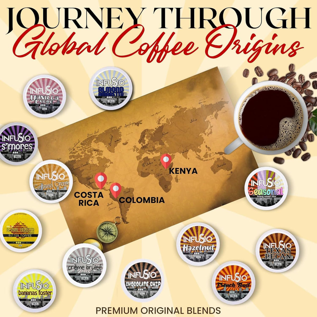 InfuSio Coffee Pods 96 Count - Bananas Foster Coffee, Medium Roast Flavored Single Serve Pods for Keurig K Cups Brewers
