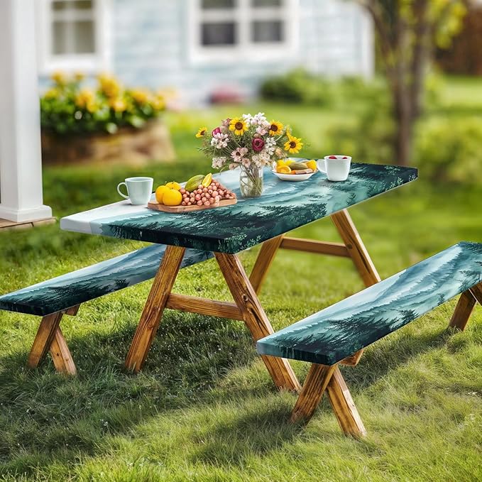 JAWO Green Forest Picnic Table Cover - Fitted Tablecloth with Elastic Edge,Camping Design for Outdoor Camping, BBQ Decor, 72x30 Inch
