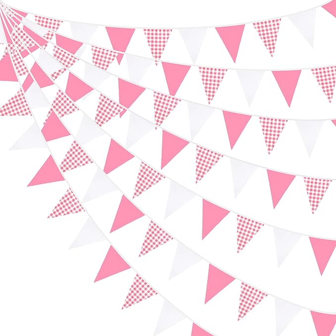 32Ft Hot Pink Plaid Checkered Pennant Banner Fabric Gingham Triangle Flag Bunting Garland Streamers for Wedding Birthday Baby Shower Party Home Nursery Outdoor Garden Hanging Festivals Decoration