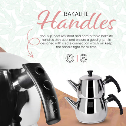 Serenk Stainless Steel 3 qt(101 fl oz) Turkish Tea Pot Sets With Lids And NonSlip Bakelite Handles For All Stove Type Turkish Tea Maker Two Pots With Termo Capsuled Induction Base (Black Small)
