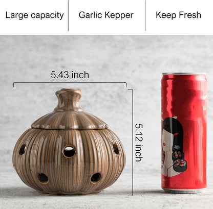 Ceramic Garlic Keeper with Lid and Holes Garlic Saver and Storage Framhouse Decor Keep Gralic Cloves Dry and Fresh, Grey