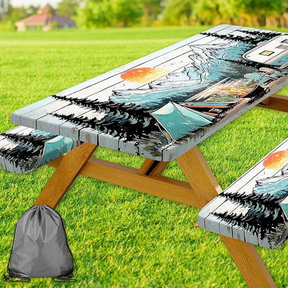 Picnic Table Cover with Bench Covers and Bag, Wooden Camper Waterproof Windproof, Fitted Tablecloth Cover with Elastic Edge, for Indoor & Outdoor, Garden, Camping, 3 Pieces Set, 30x72 Inch
