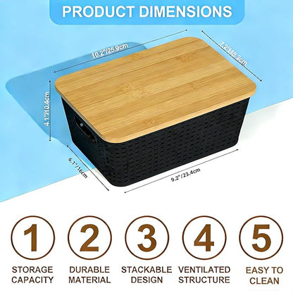 6-Pack Stackable Plastic Woven Storage Baskets with Lids, Hollow Out Weave Bins with Handles + 2 Kraft Labels (BlackBasket-BambooLid)