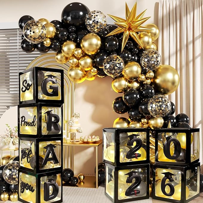 2026 Graduation Balloon Boxes Decorations, 4pcs Graduation Blocks with 32pcs Balloons “GARD” “2026” Letters, So Pround of You Decorations for Class of 2026 Party Supplies for College, High School